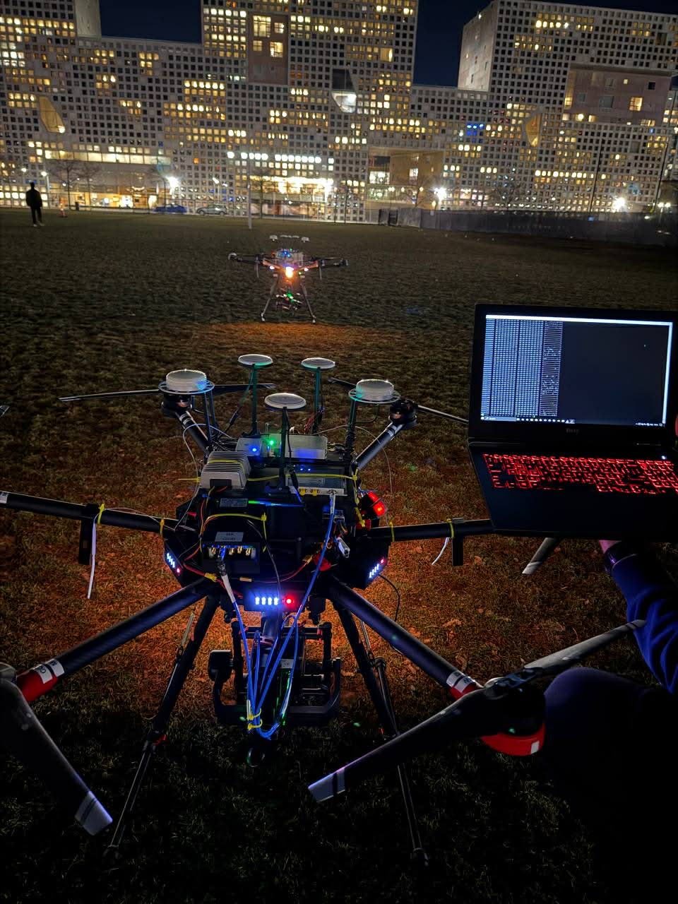 Night flight with city skyline